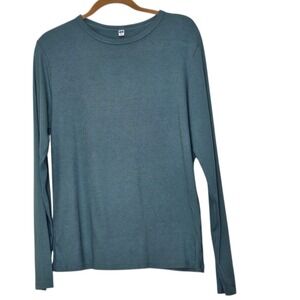 UNIQLO Women XL Long Sleeve Crew Neck Basic T Shirt Ribbed Knit Green Stretchy